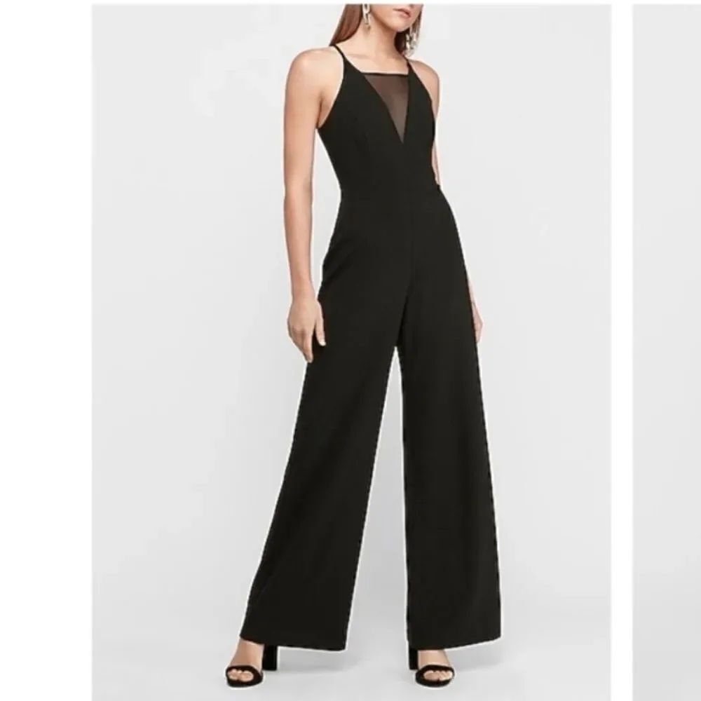 Express Black Mesh Deep V Neckline Wide Leg Jumpsuit Size XS NWT